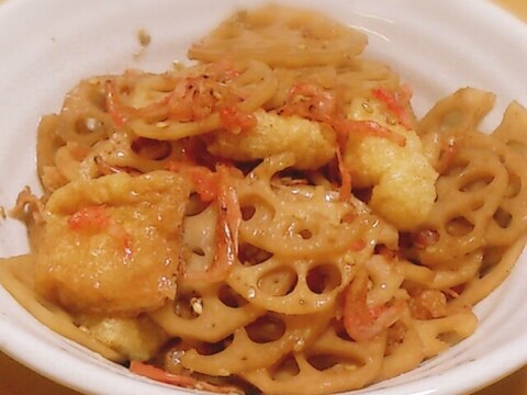 簡単時短!水煮レンコンと油揚げ、干しエビの煮物